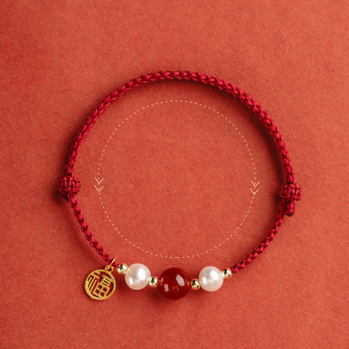 Bracelet tressé en fil rouge avec perles d'agate et personnage Fu en argent sterling 925 et Buddha Stones