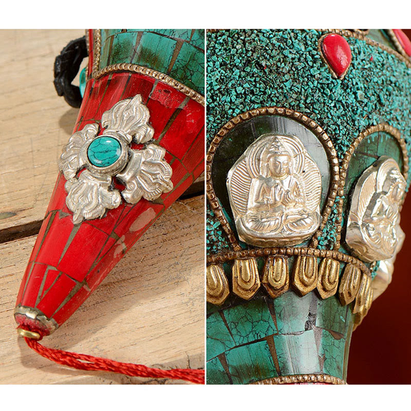 Tibétain fait à la main Shankha Om Mani Padme Hum bouddha Avalokitesvara coquille de conque Turquoise décoration positive - image 9