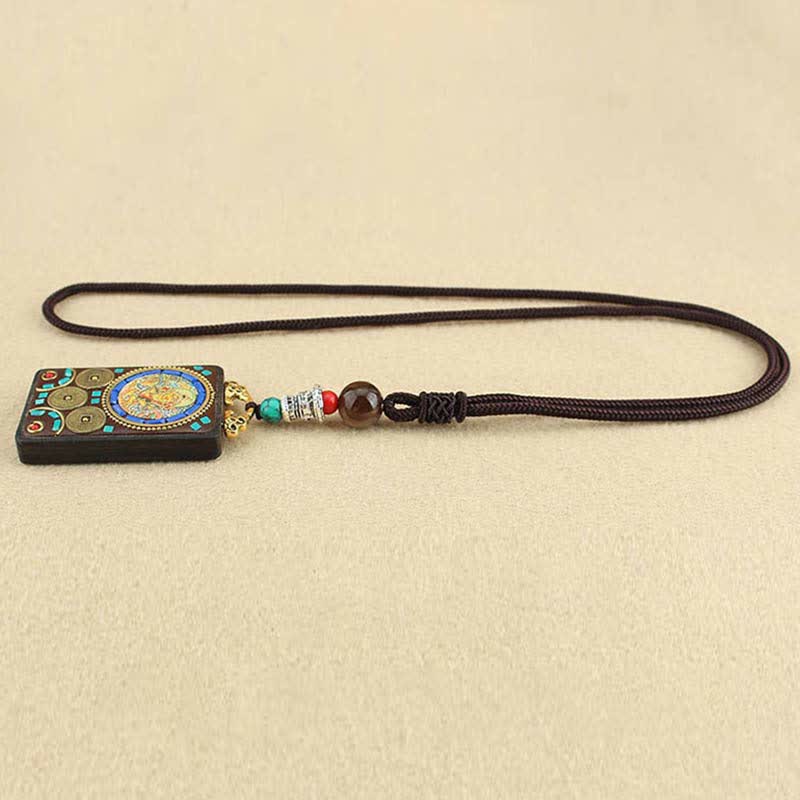 Collier pendentif en ébène Thangka Buddha Stones Tibet Dieu de la richesse