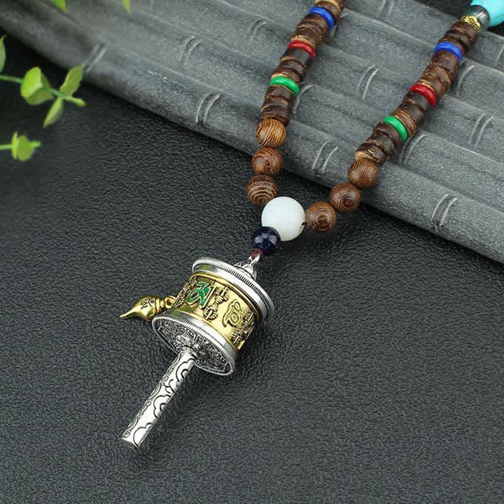 Collier pendentif en bois Vajra Buddha Stones tibétaines Om Mani Padme Hum et rotation de la roue de prière - Moulin à prières en or - image 0