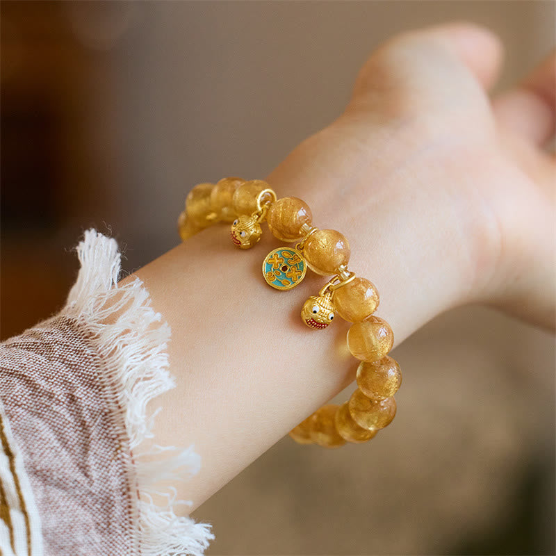 Bracelet porte-bonheur en perles de verre Liuli Buddha Stones et bête avaleuse d'or et pièce de cuivre