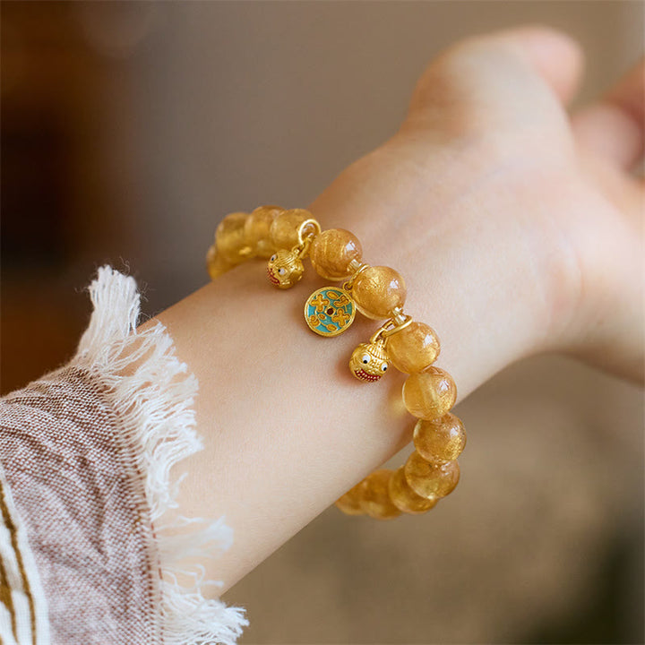 Bracelet porte-bonheur en perles de verre Liuli Buddha Stones et bête avaleuse d'or et pièce de cuivre
