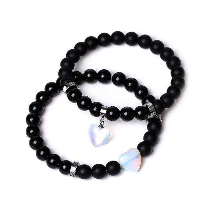 Bracelet de couple en pierre de cristal d'onyx noir Buddha Stones 2 pièces Protection du cœur d'amour