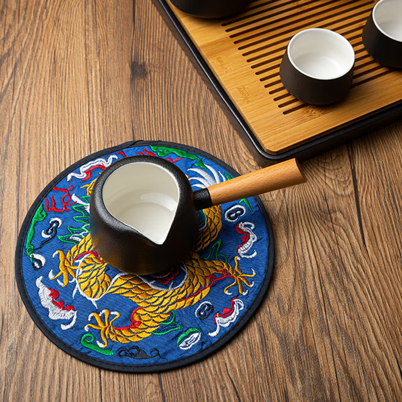 Dessous de verre brodé Buddha Stones Dragon pour tasse à thé, dessous de verre pour tasse à thé Kung Fu