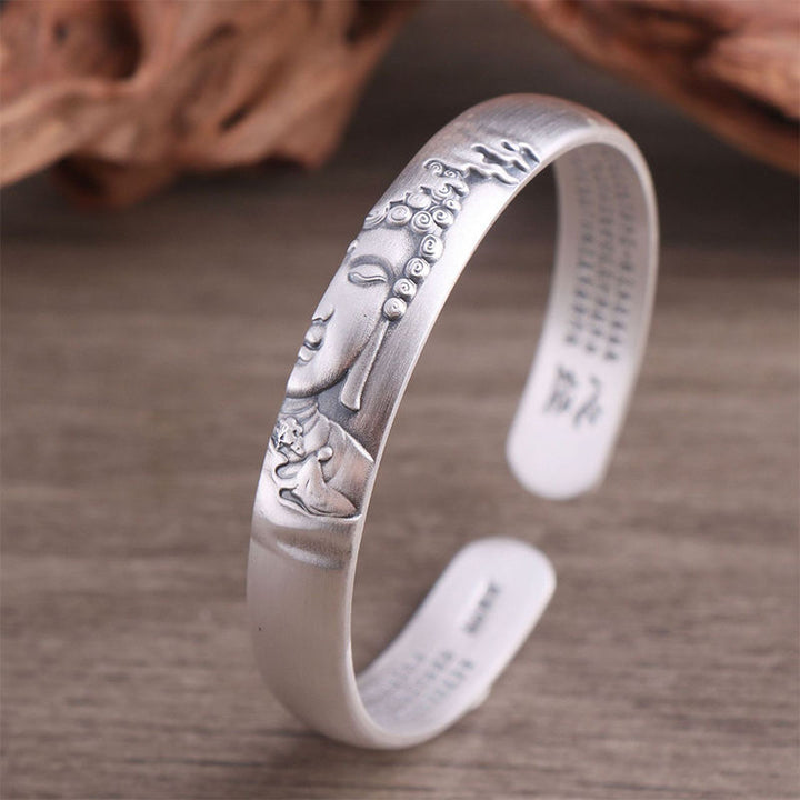 Bracelet Buddha Stones en argent sterling 999 avec tête de Bouddha et cœur Sutra de la sérénité