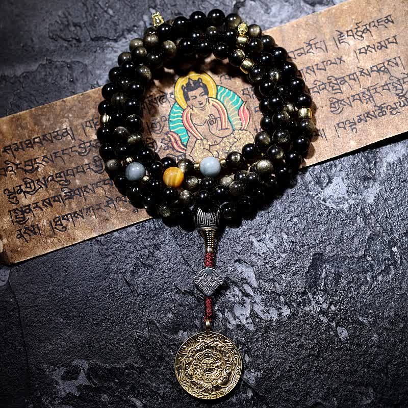 Bracelet de richesse en pierre d'oeil de tigre et d'aigle avec 108 Buddha Stones de Mala en obsidienne dorée brillante