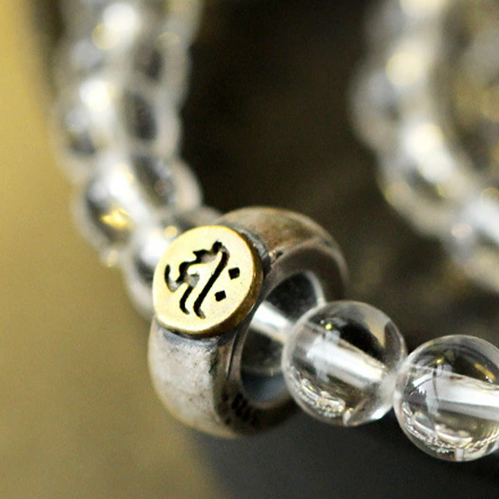 Bracelet triple tour de méditation en cristal blanc avec Bouddha du zodiaque chinois en argent sterling 925 et Buddha Stones