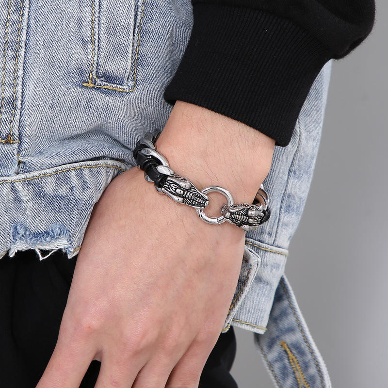 Bracelet tressé en cuir de dragon et acier titane pour protection et chance