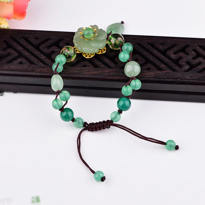 Bracelet porte-bonheur en jade vert naturel Buddha Stones et fleur pendante