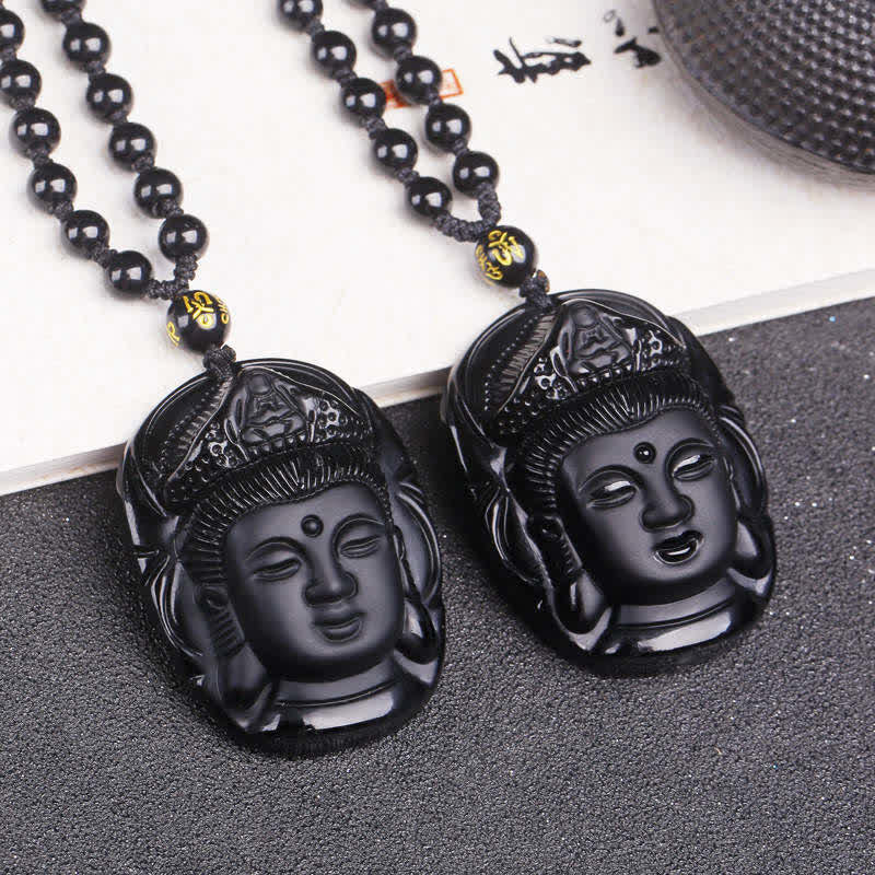 Collier avec pendentif en obsidienne noire naturelle en Buddha Stones Kwan Yin Avalokitesvara - image 2