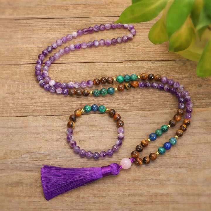 Ensemble Mala Purificateur Bracelet Améthyste Tibétain Buddha Stones