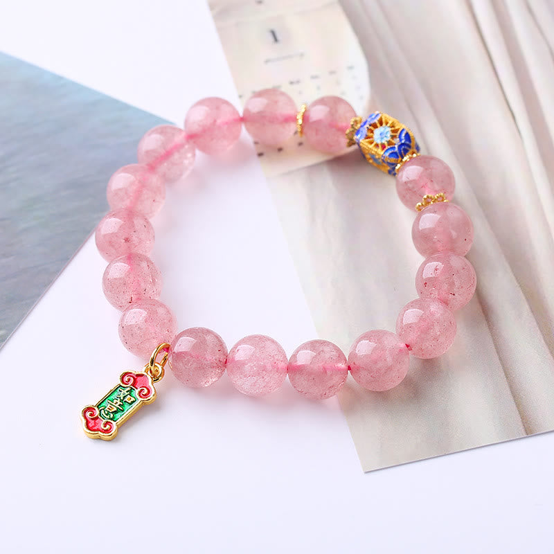 Bracelet à breloques Ruyi positif en quartz fraise et Buddha Stones