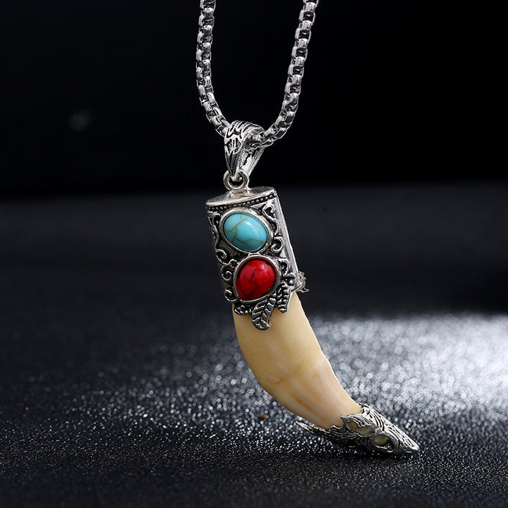 Buddha Stones Collier pendentif en acier titane Imitation dent de loup