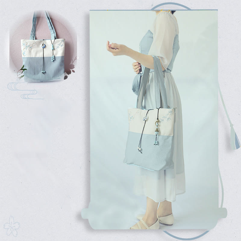 Sac à bandoulière en toile brodée de bambou avec fleur de poire, prunier, fleur de pêcher, grande capacité, sac fourre-tout