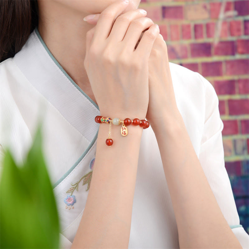 Bracelet porte-bonheur en jade et agate rouge naturelle