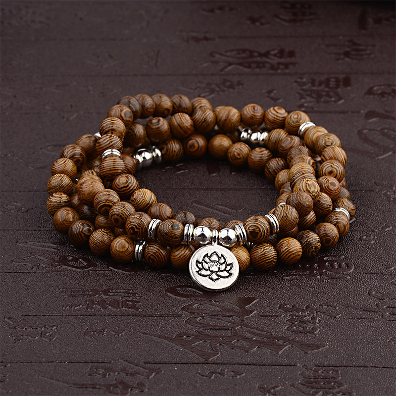 Bracelet tibétain en bois et Buddha Stones, mala avec breloque lotus - 1 - image 0