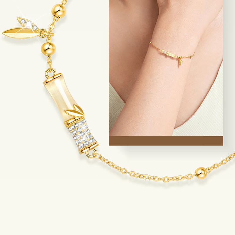 Bracelet porte - bonheur en argent sterling 925 plaqué or 18 carats avec jade blanc et bambou et zircon