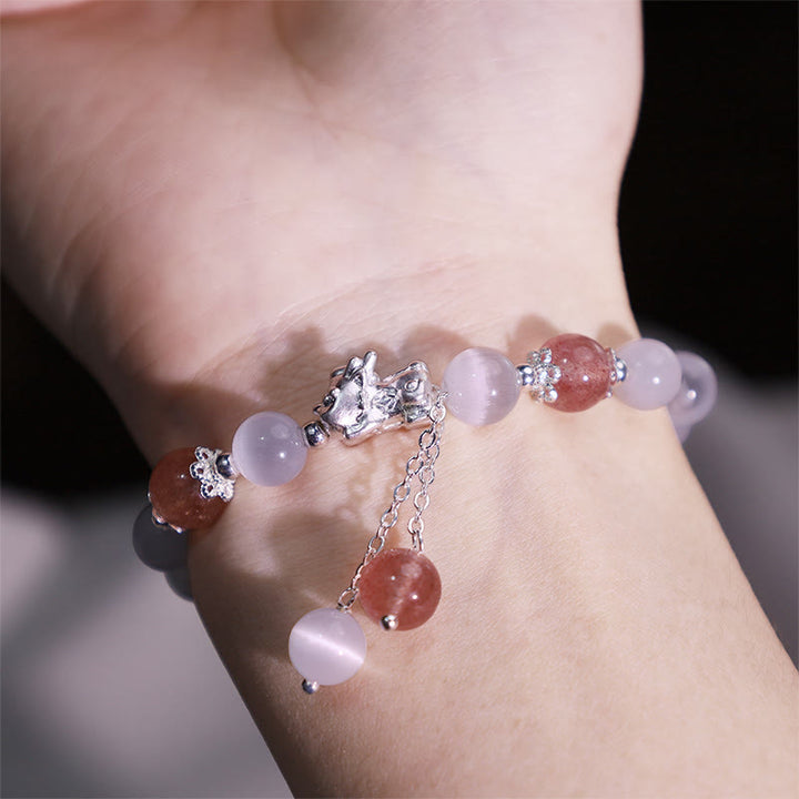 Bracelet de soutien PiXiu en pierre de lune œil de chat naturelle et quartz fraise de Buddha Stones
