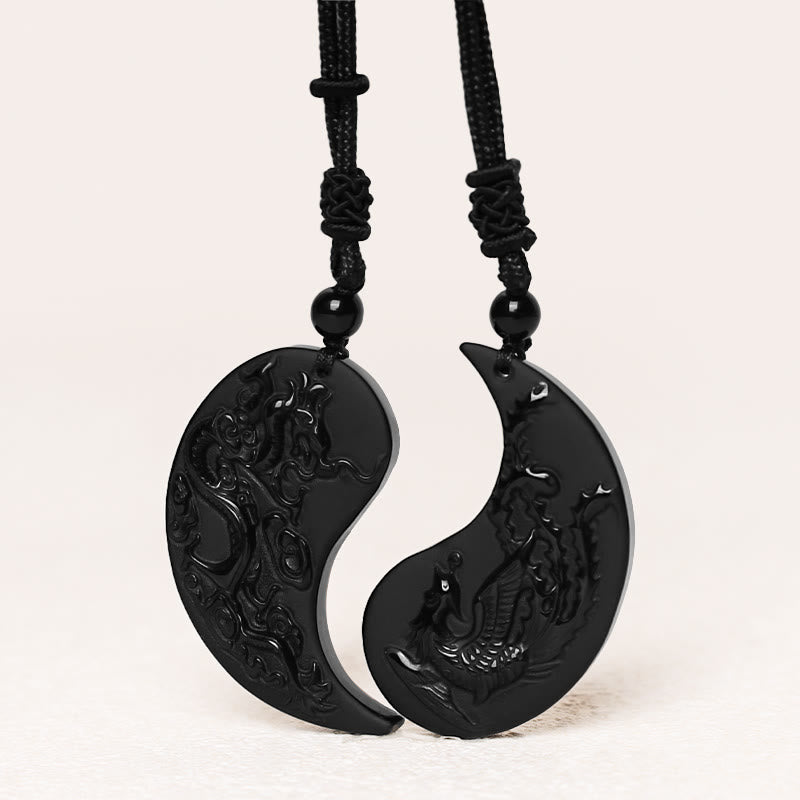 Collier pendentif porte-bonheur en obsidienne noire avec Buddha Stones et dragon Yin Yang et phénix - image 2
