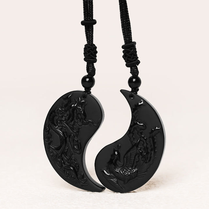 Collier pendentif porte-bonheur en obsidienne noire avec Buddha Stones et dragon Yin Yang et phénix - image 2