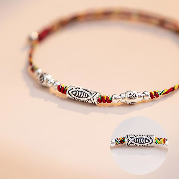 Bracelet de cheville tressé en argent sterling 925 avec poisson Koi et pierres de Buddha Stones