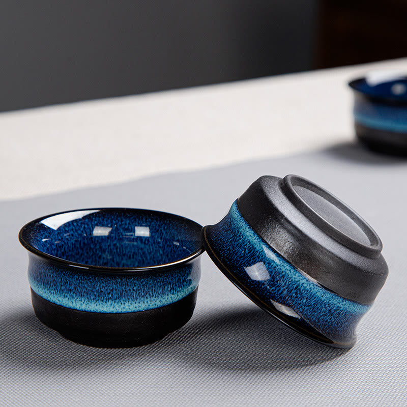 Coffret cadeau portable avec théière en céramique et théière chinoise Gongfu en dégradé de couleurs bleues et Buddha Stones