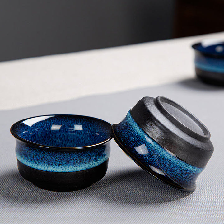 Coffret cadeau portable avec théière en céramique et théière chinoise Gongfu en dégradé de couleurs bleues et Buddha Stones
