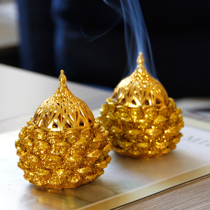 Mini brûleur d'encens à motif de pomme de pin doré pour rituels spirituels, décoration de table pour la maison