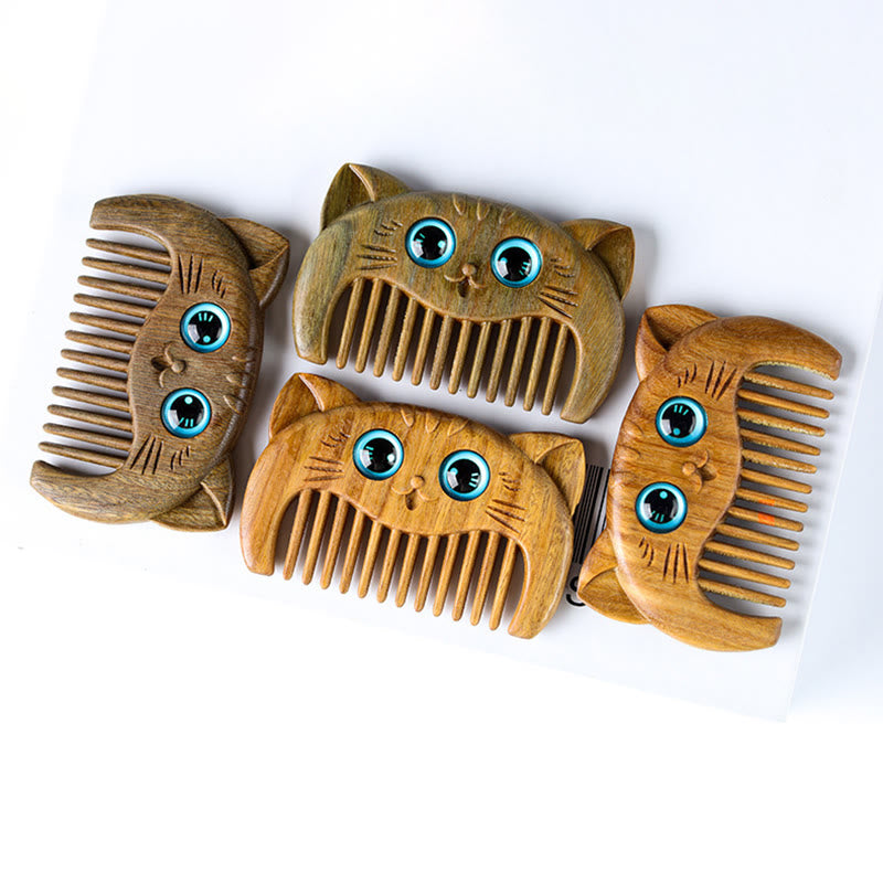 Peigne portable à motif de chat simple en bois de santal vert - image 7