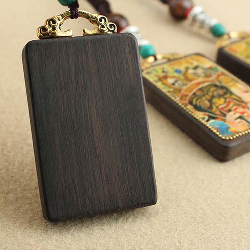 Collier pendentif en ébène Thangka Buddha Stones Tibet Dieu de la richesse