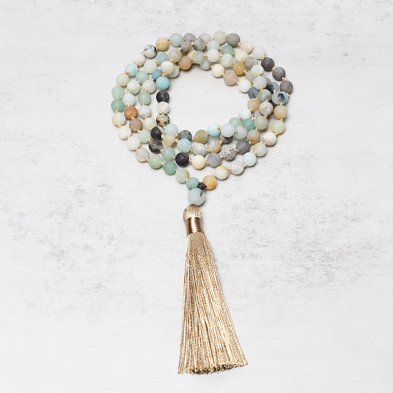 Bracelet Mala à pampilles en 108 perles d'amazonite de Buddha Stones