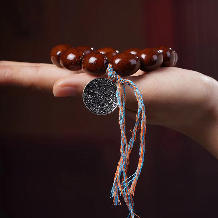 Bracelet de richesse en Buddha Stones tibétaines naturelles violettes et dorées avec rat OM, zodiaque chinois, neuf palais, huit diagrammes