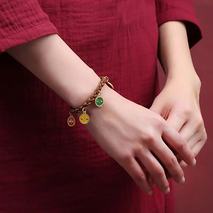 Bracelet Thangka Tibétain en Cordon Tressé Chanceux avec Cinq Dieux de la Richesse