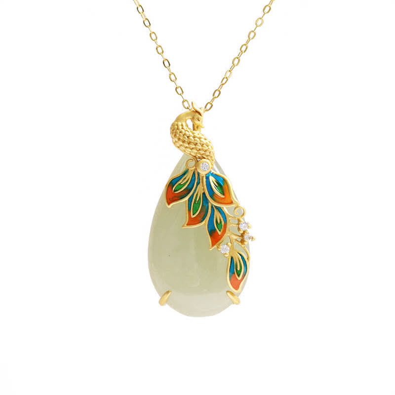 Collier pendentif de protection paon en jade blanc
