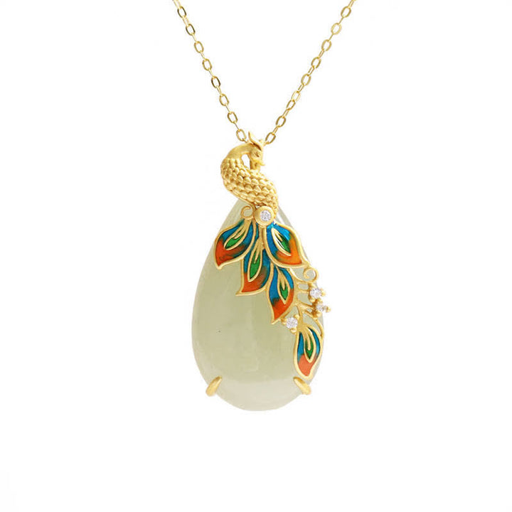 Collier pendentif de protection paon en jade blanc