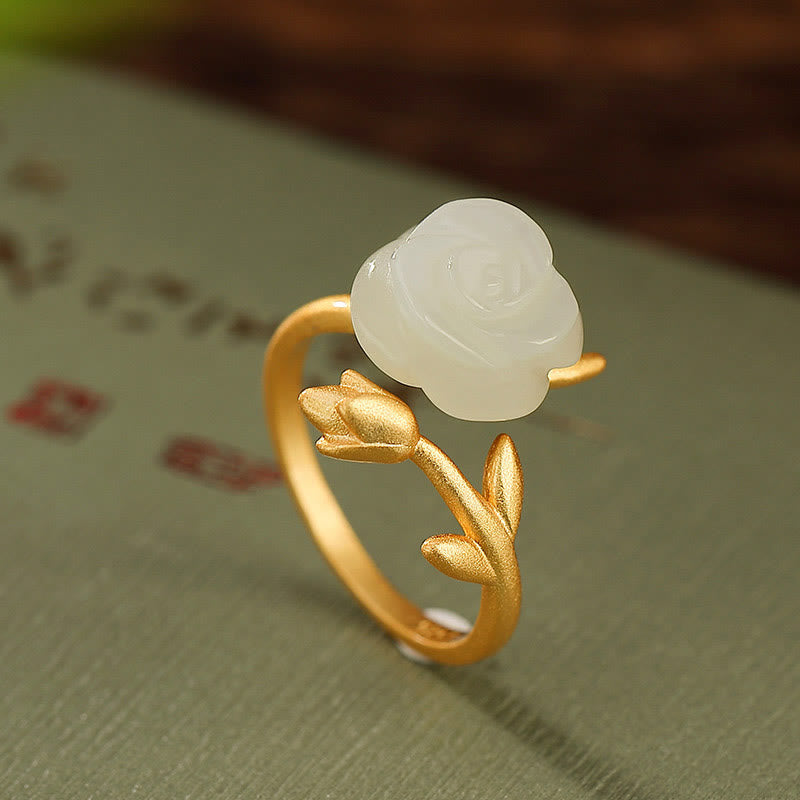 Buddha Stones 925 Argent Sterling Plaqué Or Fleur de Rose Hetian Jade Blanc Bague du Bonheur