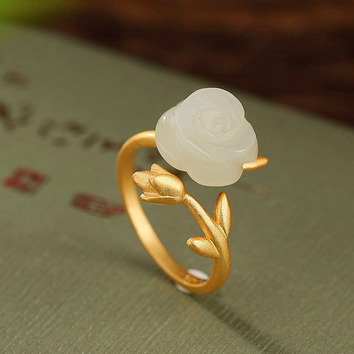 Buddha Stones 925 Argent Sterling Plaqué Or Fleur de Rose Hetian Jade Blanc Bague du Bonheur