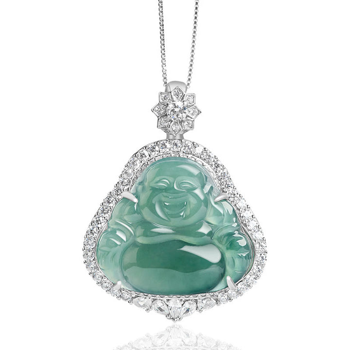 Collier Buddha Stones en jade naturel représentant un Bouddha rieur, symbole de chance et d'abondance, avec chaîne en acier titane. - image 4