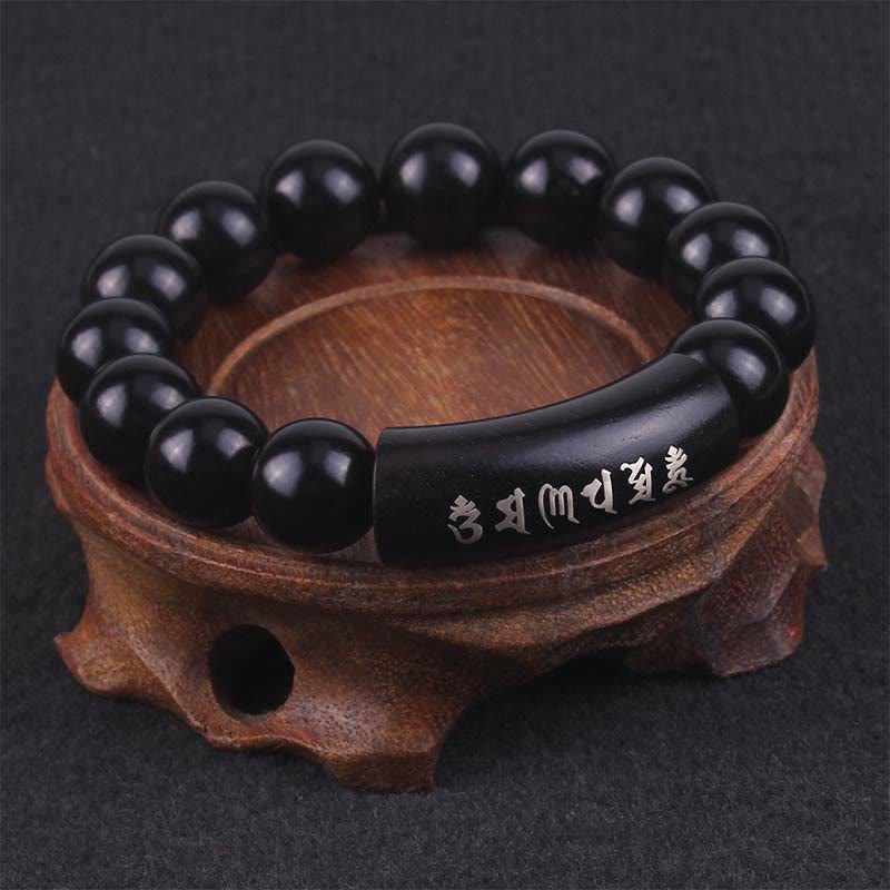 Bracelet d'équilibre incrusté de Buddha Stones en argent sterling 999 et bois d'ébène Om Mani Padme Hum