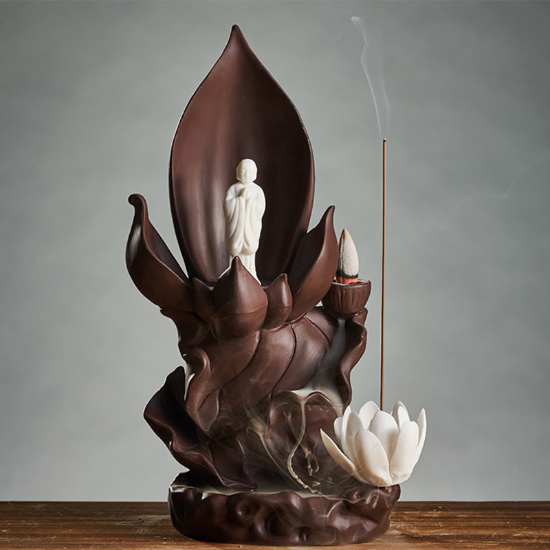 Buddha Stones Bouddha Lotus Avalokitesvara Illumination Brûleur d'encens en argile violette Décoration