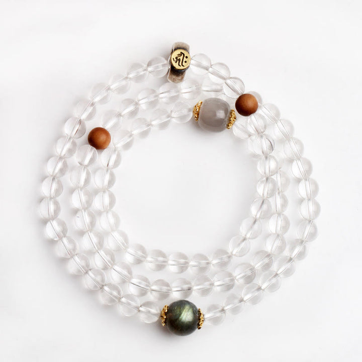 Bracelet triple tour de méditation en cristal blanc avec Bouddha du zodiaque chinois en argent sterling 925 et Buddha Stones
