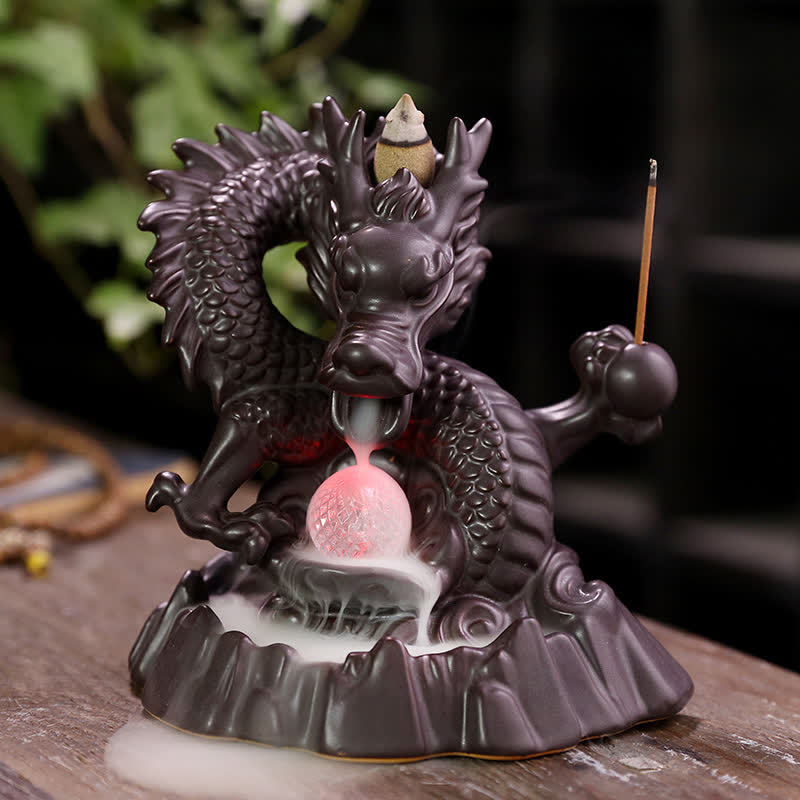 Fontaine à fumée à reflux en céramique avec Buddha Stones et dragon de bon augure, brûleur d'encens de guérison et de méditation, boule à LED décorative
