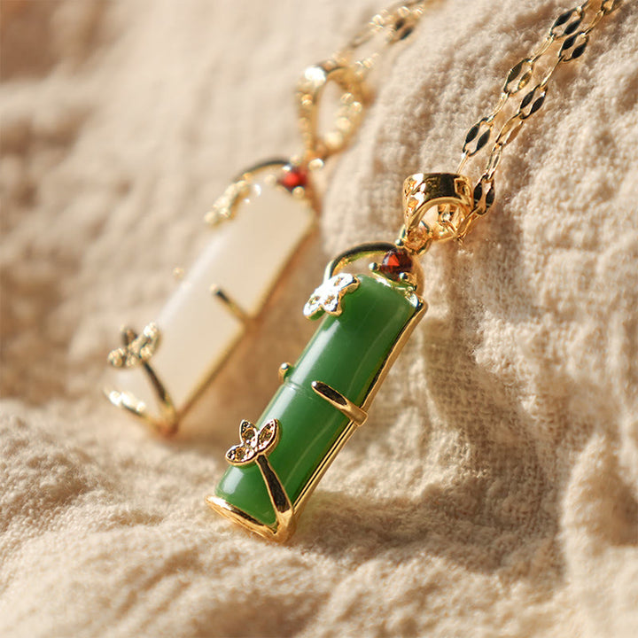 Collier pendentif protection chanceuse en bambou et jade blanc et jade cyan Buddha Stones