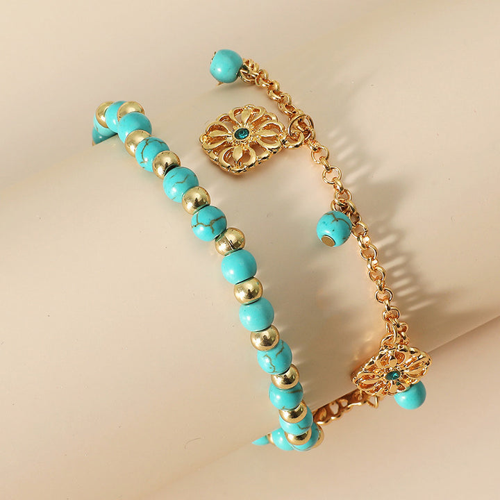 Lot de 2 bracelets de cheville en pierre turquoise avec protection en forme de fleur