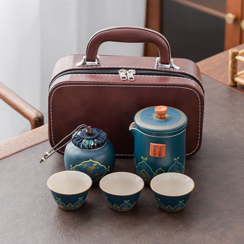 Théière chinoise Gongfu en céramique avec Buddha Stones - Cyan - 1 théière + 3 tasses + 1 sac à main + 1 boîte à thé - image 12