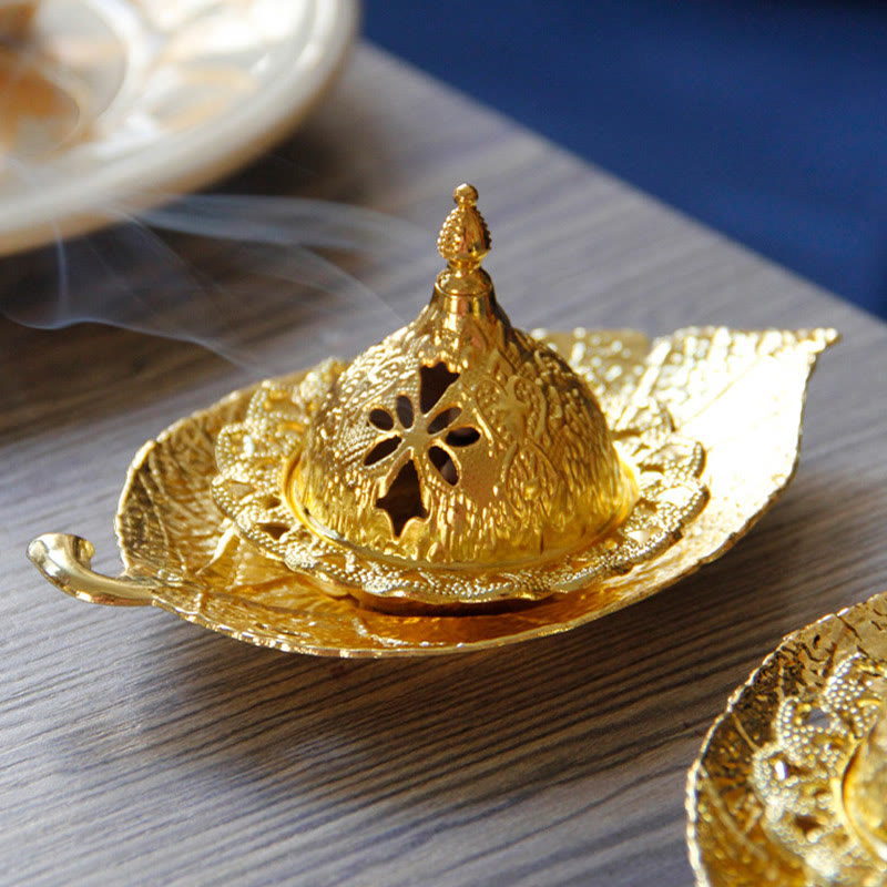 Brûleur d'encens de méditation en forme de mini-feuille d'or tibétain
