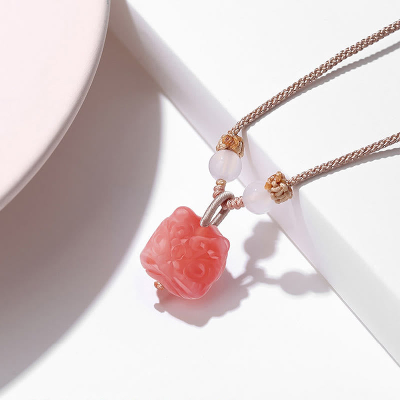Buddha Stones Collier de protection Lion dansant en Obsidienne rouge Agate naturelle argentée Pendentif