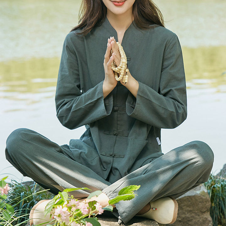 Buddha Stones Spirituelle Zen Pratique Yoga Méditation Prière Uniforme Coton Lin Vêtements Ensemble Femme - image 0