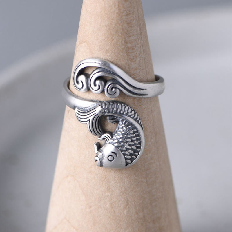 Bague en argent sterling 925 Buddha Stones et poisson koï