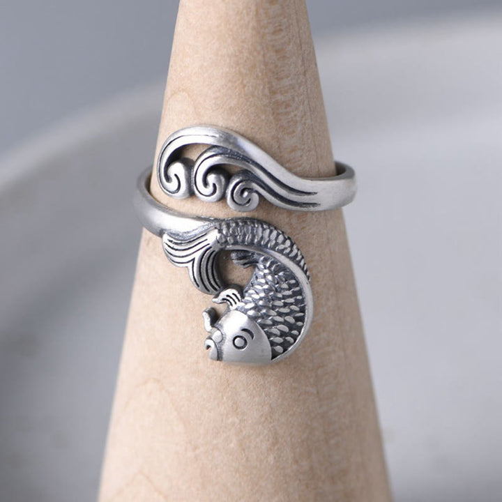 Bague en argent sterling 925 Buddha Stones et poisson koï